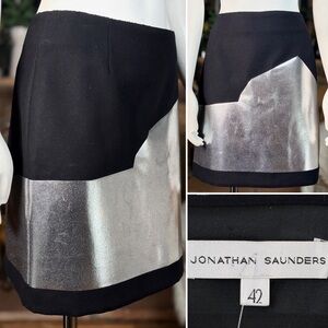 Jonathan Saunders Black Silk & Wool Skirt w/ Metallic Silver Design, Sz L